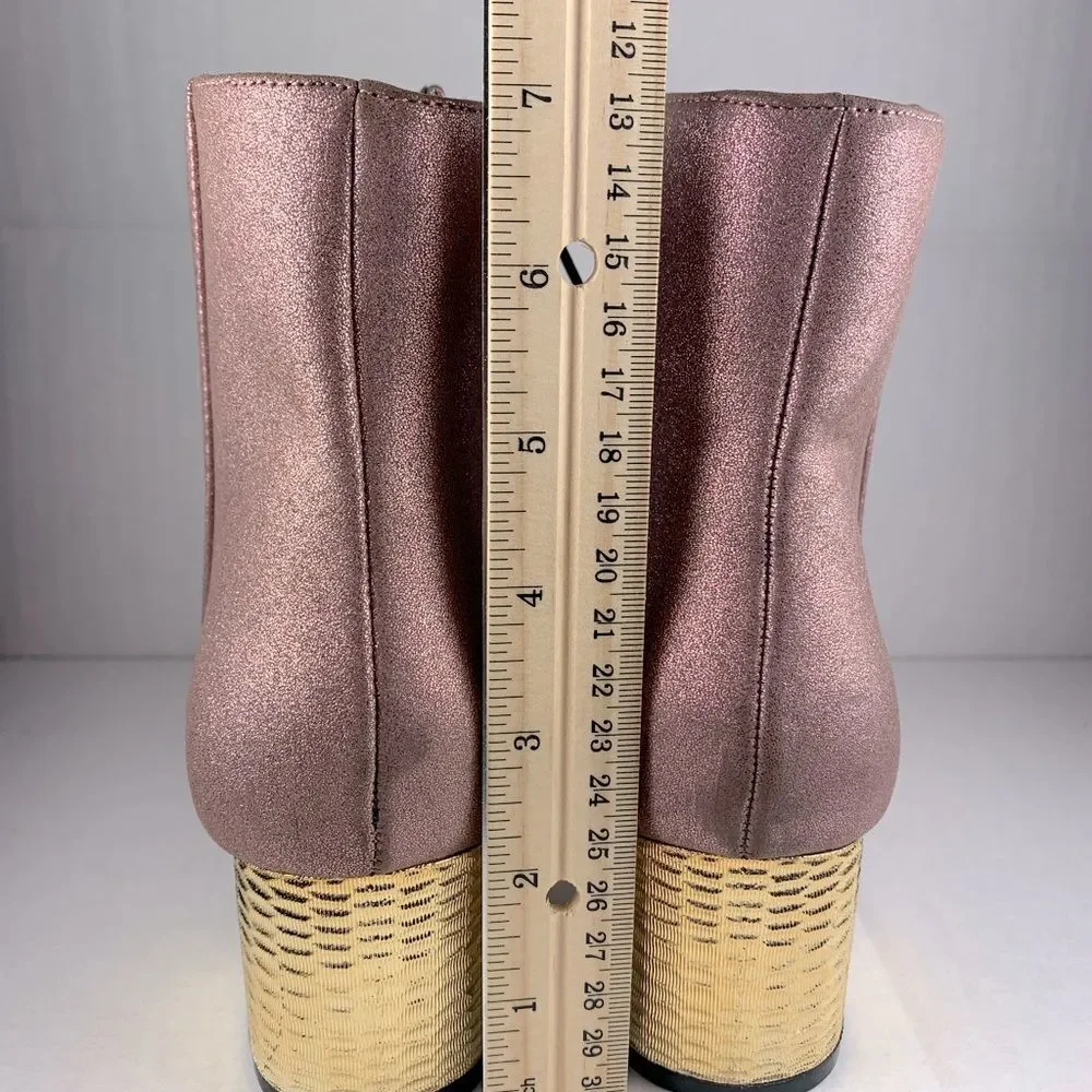 ASOS pink shimmer ankle bootie gold textured gold block heels